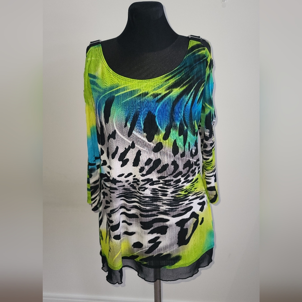NWOT Picadilly Fashions bright colors animal print cut out shoulders Top S